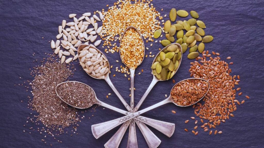 Flax seeds, Chia seeds, Sunflower seeds, Pumpkin seeds, Sesame seeds. Hair growth, keratin